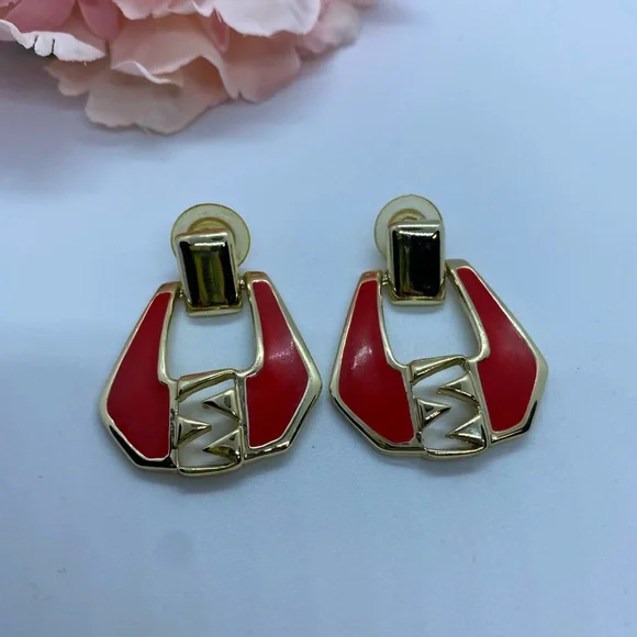 Vintage Red Enamel & Gold Tone Estate Earrings - Picture 3 of 5